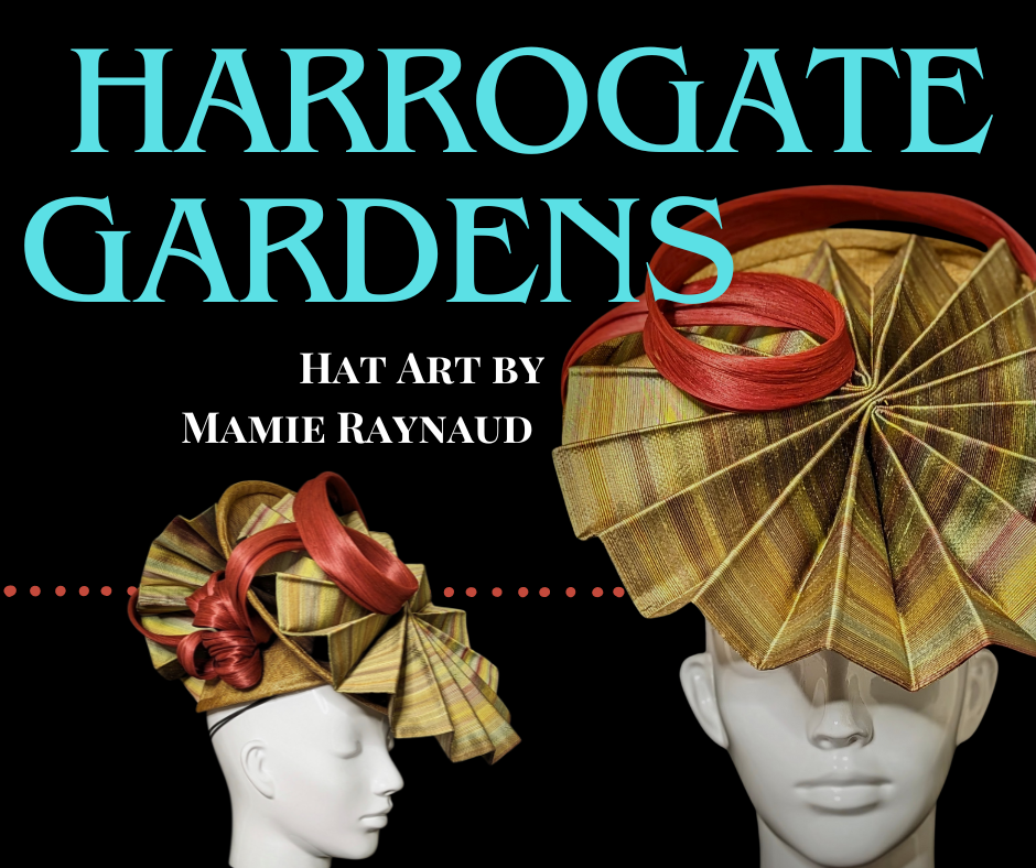 Harrogate Gardens Art Opening Reception May 25th from 1-4 pm. Image featuring handmade hat with red ribbons